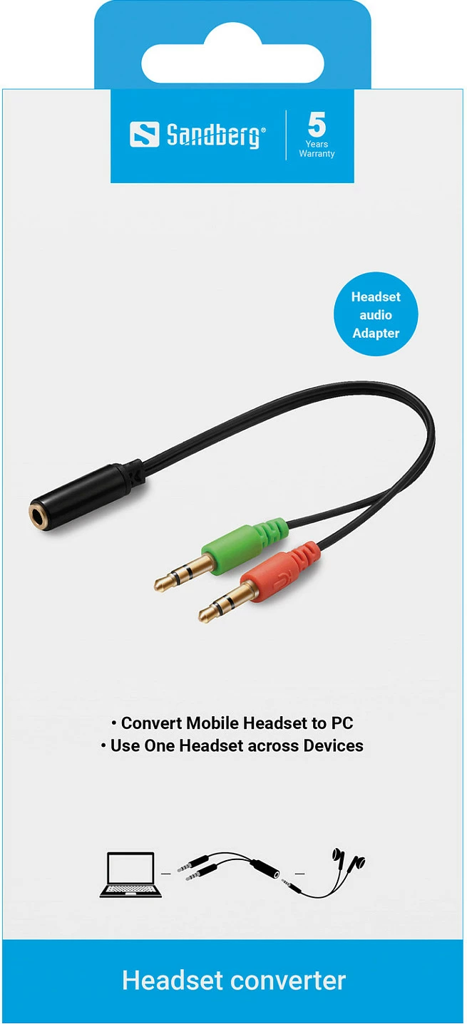 Adapter kufje SANDBERG Headset Converter, iPhone/Apple 3.5mm në PC 2x 3.5mm (audio + mikrofon), zi me konektorë jeshil/rozë