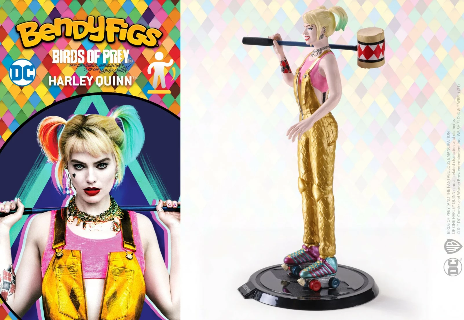 Figurinë koleksionuese fleksibile Noble Collection Bendyfigs DC Birds of Prey Harley Quinn 18 cm, me çekiç dhe bazë