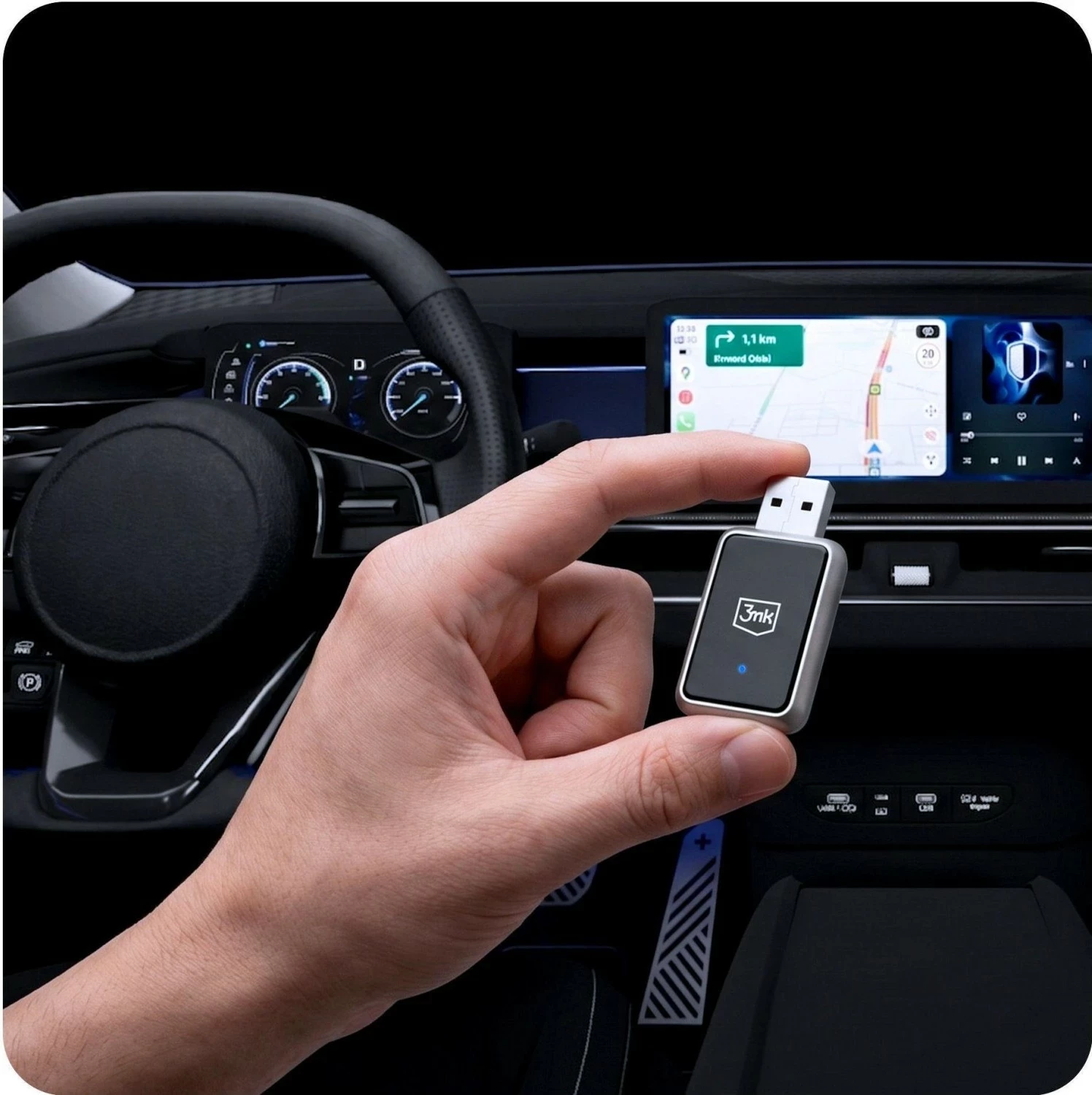 Adapter wireless 3MK DriveLink Duo, Apple CarPlay/Android Auto, Wi‑Fi 6, Bluetooth 5.4, USB‑A, gri