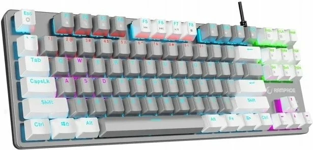 Tastierë mekanike gaming Rampage Snug SNUGK14BS-GW, KRGD Blue switch, TKL 80% (US), RGB, USB me kabllo, gri-bardhë