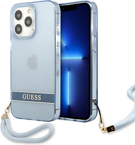 Mbështjellës Guess GUHCP13LHTSGSB për iPhone 13 Pro / 13, hardcase, Translucent Stap, Blu