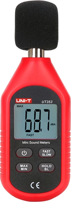 Matës niveli zhurme, UNI-T, UT353, 30-130 dB, saktësi ±1.5 dB, LCD me ndriçim, mikrofon 1/2", set me 3x AAA dhe mbrojtëse ere
