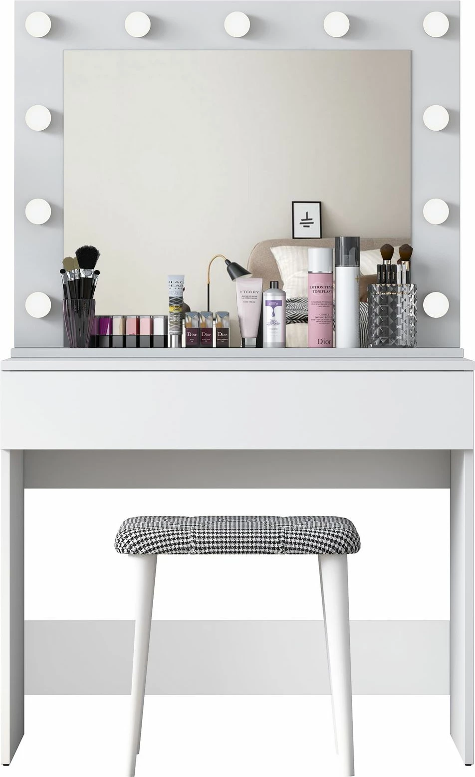 Tavolinë grimi Hanah Home, BJ121 - 2934, e bardhë, me pasqyrë dhe puf