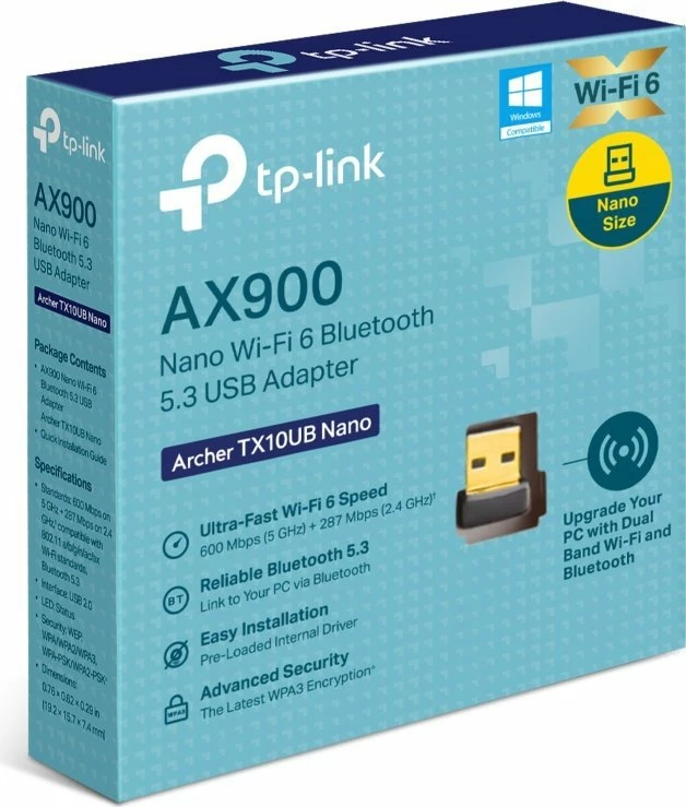 Adapter USB Wi-Fi 6, TP-Link Archer TX10UB Nano, dual-band 2.4/5 GHz, Bluetooth 5.3, deri 600 Mbps, zi