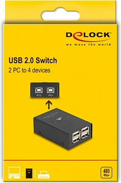Switch USB DeLOCK USB 2.0, 2 PC në 4 pajisje, 0.48 Gbit/s, metal, i zi