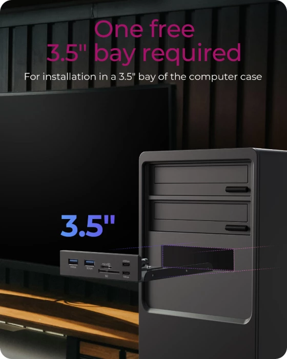 HUB USB për slot 3.5\" ICYBOX IB-HUB1419-i3, USB-E, USB-C 20 Gbit/s, 2x USB-A 5 Gbit/s, lexues SD/microSD, i zi