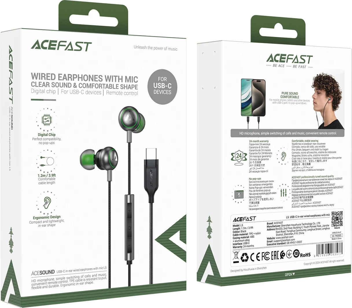 Kufje Acefast L5 me tela, USB-C, 1.2m, Zeza