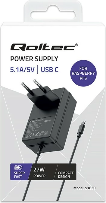 Karikues mur Qoltec 51830 për Raspberry Pi 5, USB-C, 27W, i zi