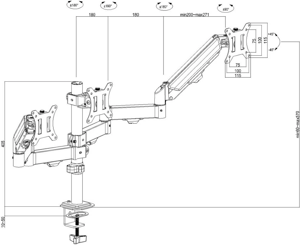 Mbajtëse tavoline për 3 monitorë Maclean MC-137 17-27\" 2-8 kg, e zezë