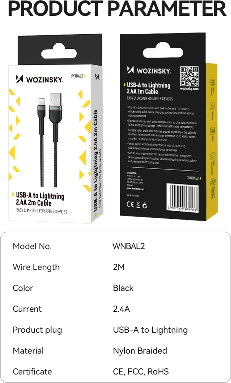 Kabllo karikimi Wozinsky WNBAL2, USB-A në Lightning, 2 m, Najlon, E zezë