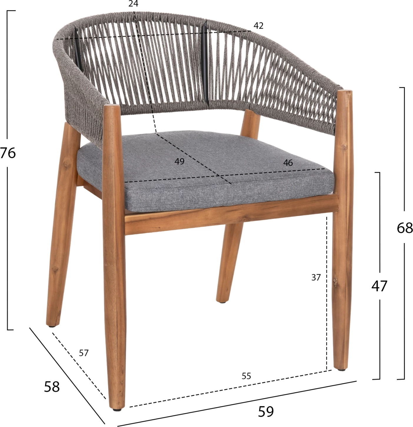 Karrige për tavolinë terase NAVAN FH6135.01 dru akacie natyrale-litar najloni gri 59x58x76Hcm., set prej 4 copë