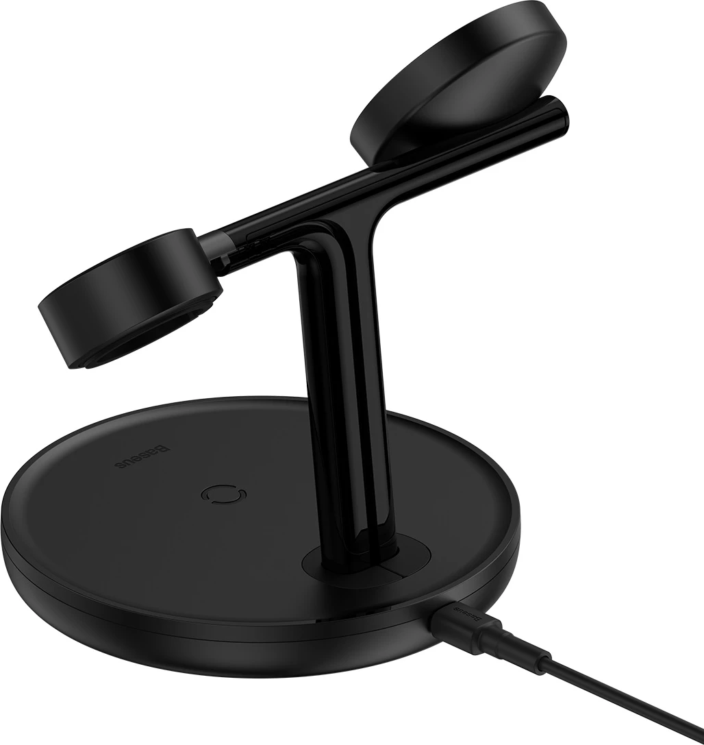Karikues wireless 3-në-1 Baseus Swan me MagSafe, për iPhone, Apple Watch, AirPods, 1m USB-C, Zi