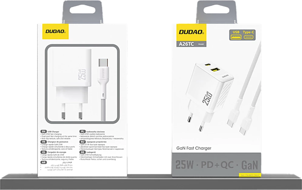 Karikues muri Dudao A26T, GaN, 25W, 2 porta USB-C/USB-A, i bardhë
