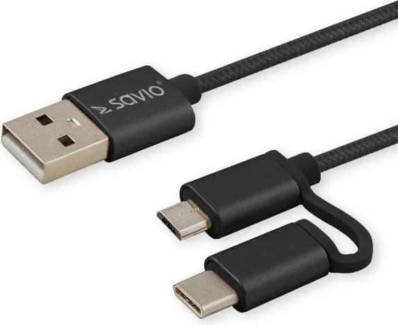 Kabllo Savio, USB A - USB C / micro-USB, 1m, e zezë