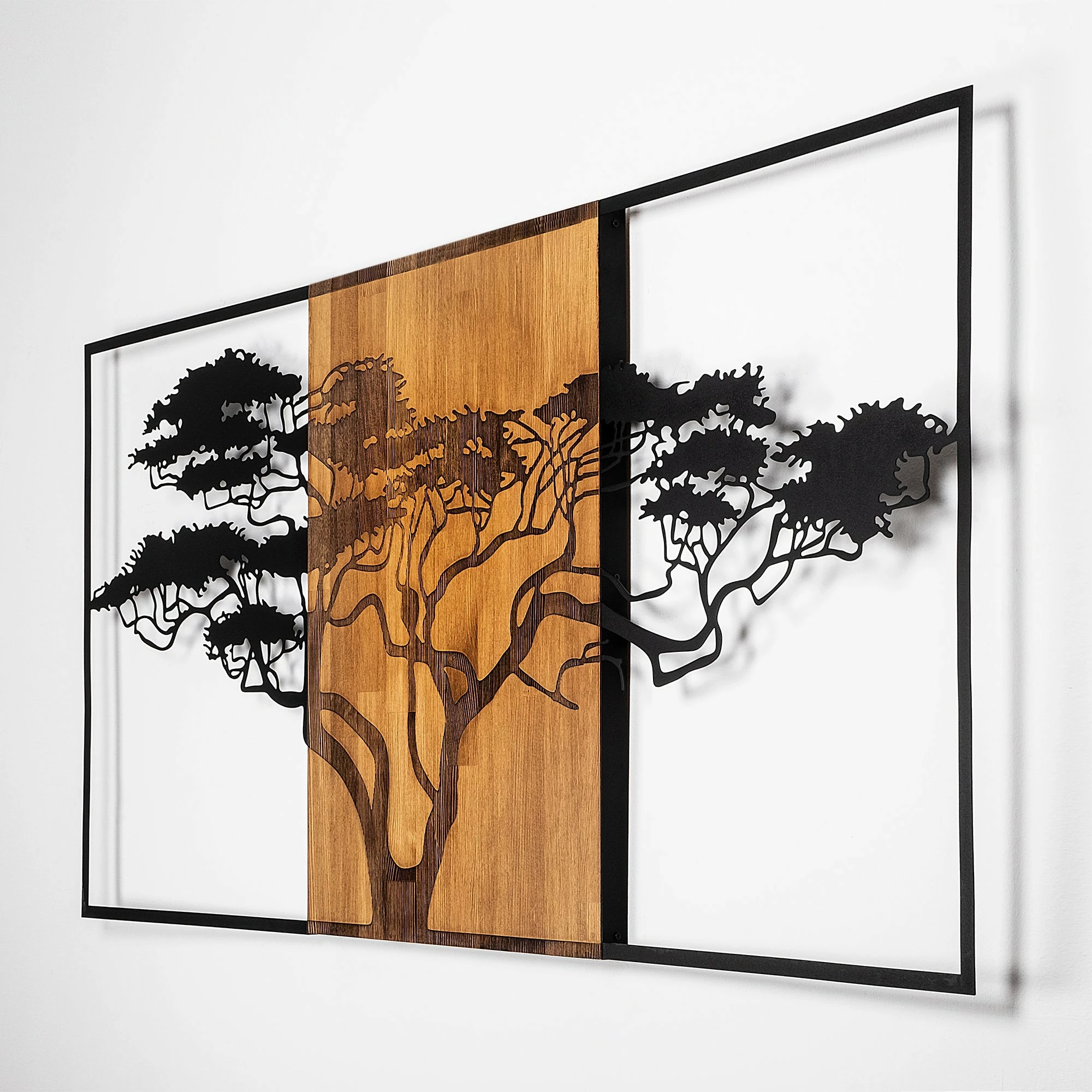 Aksesor dekorativ për mur, dru dhe metal, dizajn peme akacie, ngjyrë e zezë dhe arre, 147x3x70 cm