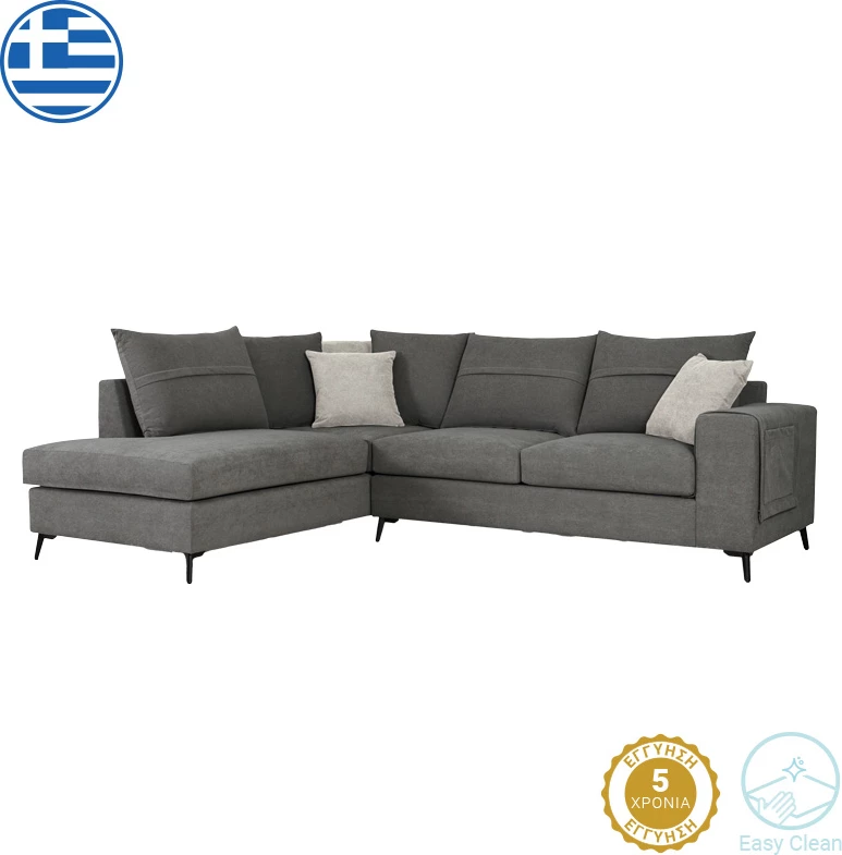 Kënd divan Montana, pëlhurë gri, jastëkë gri të lehtë, 275x215x93cm