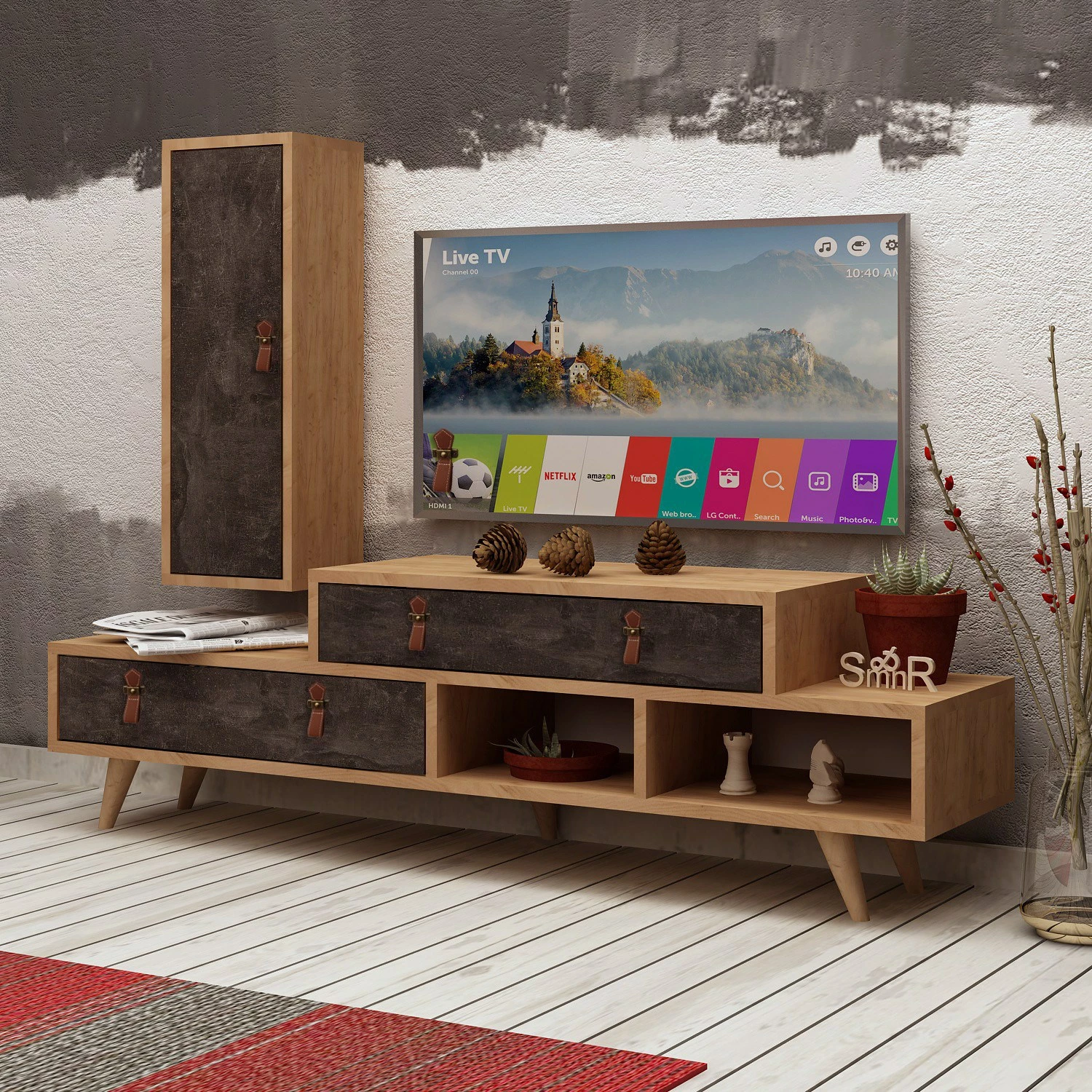 Komodë TV Skye Decor, Joseph, ngjyrë lis dhe gri e errët