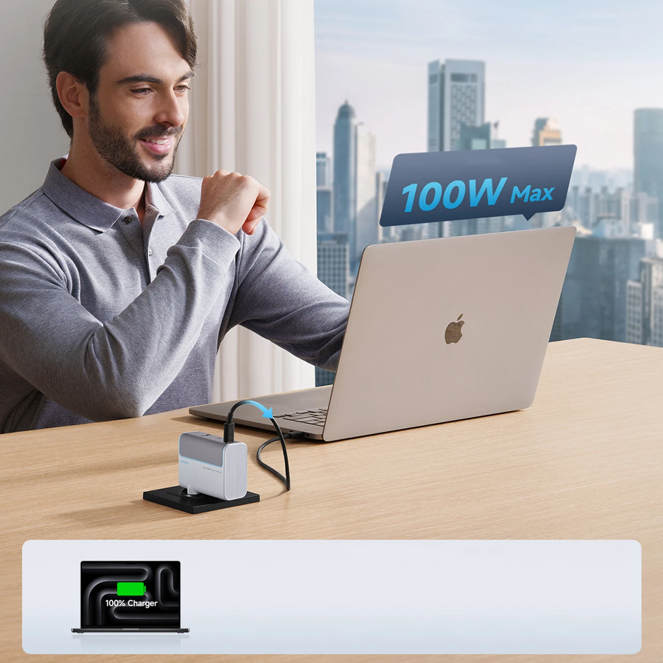 Karikues muri Cuktech AD1003EU 100W GaN, 2x USB-C + USB-A, me kabllo USB-C në USB-C, i bardhë