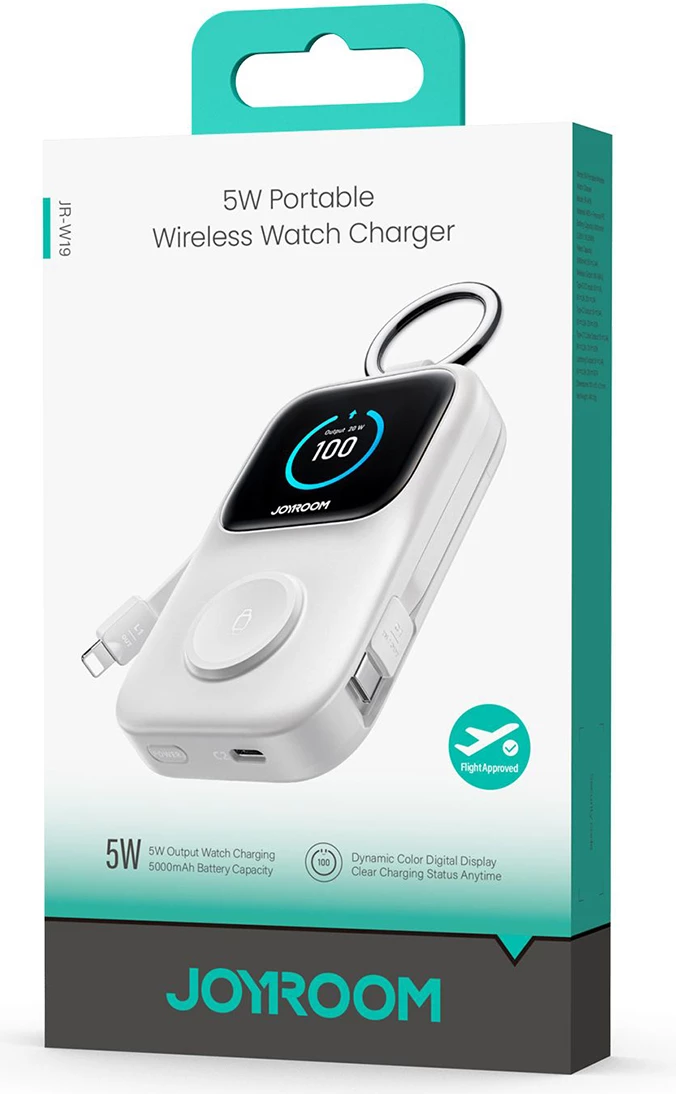 Powerbank Joyroom JR-W19 5000mAh, karikim wireless 5W për orë, me kabllo USB-C/Lightning, i bardhë