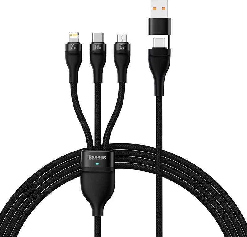 Kabllo Baseus Flash Series 2 USB 3w1, USB-C + micro USB + Lightning, 100W, 1.2m, e zezë