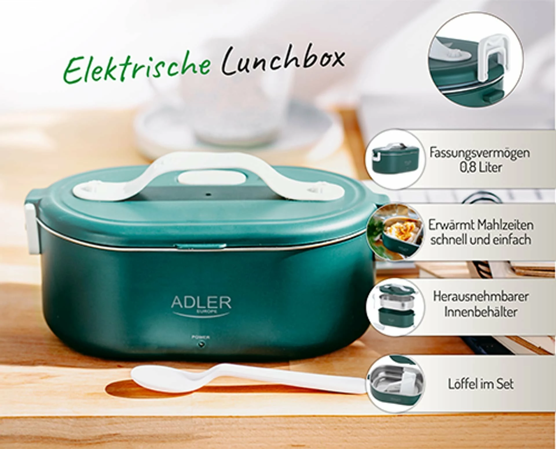 Enë ushqimi elektrike Adler AD 4505, 0.8 L, inox SUS304, ngrohëse, jeshile, me lugë
