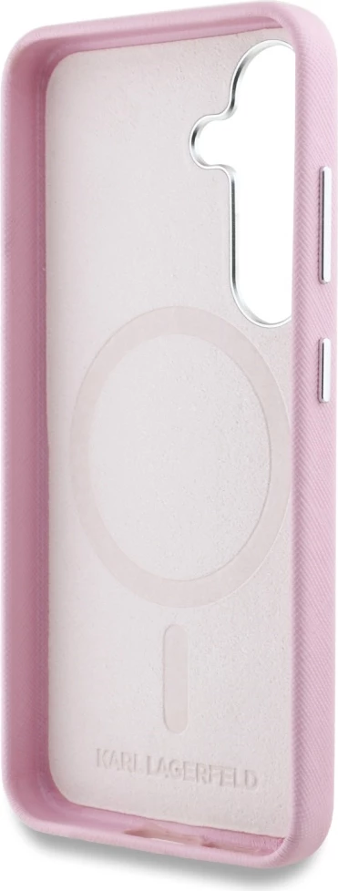 Mbështjellës Karl Lagerfeld Saffiano Full Wrapped Elongated Metal Logo MagSafe për Samsung Galaxy S25, Rozë