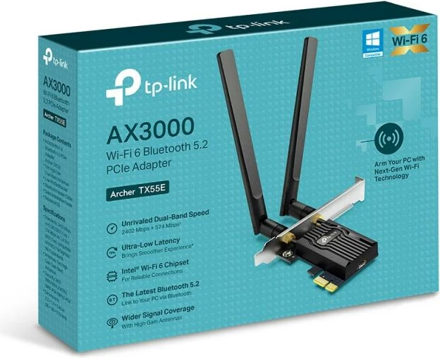 Adapter WLAN, TP-Link, Archer TX55E, PCIe me dy antena, e zezë