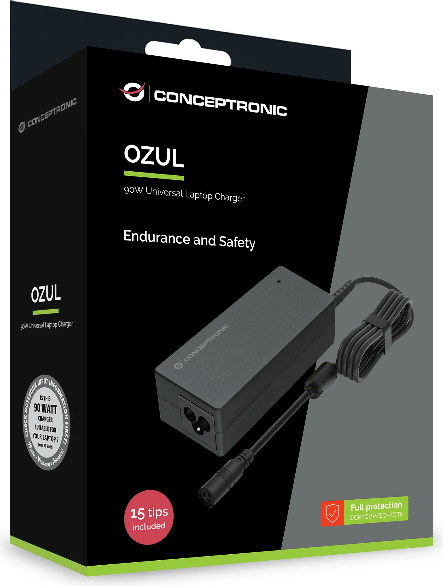 Karikues universal për laptop Conceptronic OZUL08B15, 90W, 15-20V, 15 maja, i zi