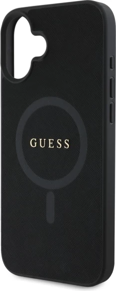 Mbështjellës Guess Saffiano Classic Logo MagSafe për iPhone 16, i zi