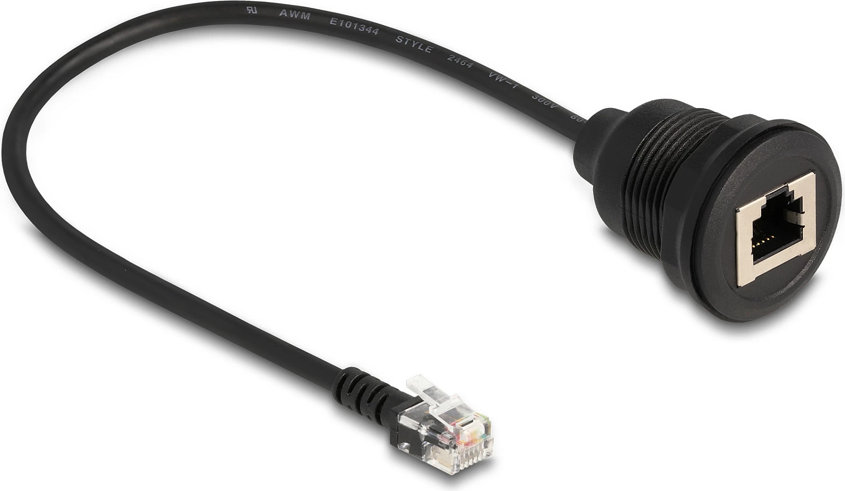 Kabllo RJ12 DeLOCK, mashkull në femër (panel-mount), 30 cm, e zezë