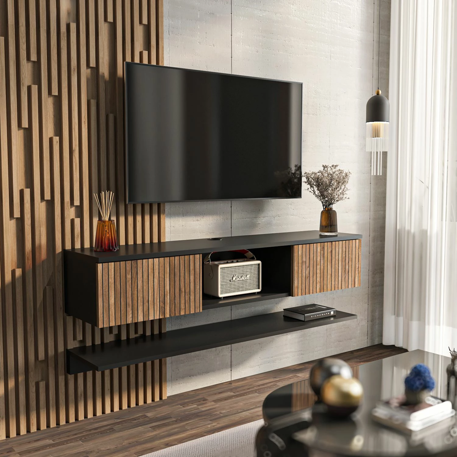 Komodë TV Skye Decor Elia, dru, e zezë