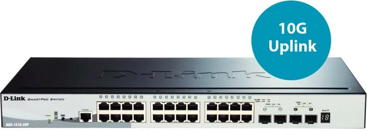 Switch D-Link DGS-1510-28P/E 24x Gigabit PoE, 2x SFP, 2x 10G SFP+, Smart Managed, i grumbullueshëm