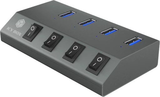 Hub USB ICYBOX IB-HUB1405, 4x USB-A 3.0, switch individual për secilin port, BC 1.2 karikim 2.4A, i furnizum me adaptor rryme, 5 Gbit/s, antracit, set me kabllo & adaptor