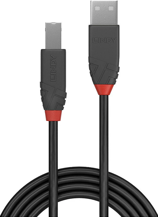 Kabllo USB LINDY Anthra Line, USB-A në USB-B, 0.2m, USB 2.0, e zezë/gri