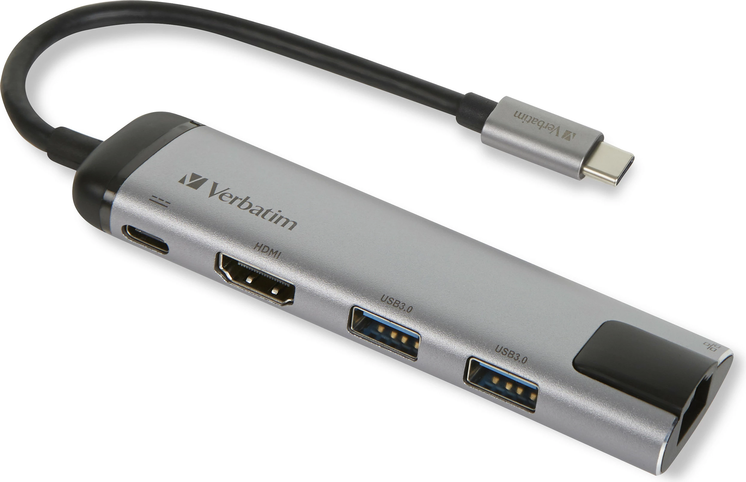 Hub USB-C Verbatim 49141, 3x USB-A + 1x USB-C PD + HDMI 4K + RJ-45 Ethernet, e zezë/argjend