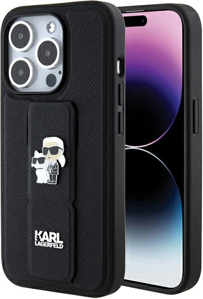 Mbështjellës Karl Lagerfeld Gripstand Saffiano Karl&Choupette Pins për iPhone 15 Pro, e zezë