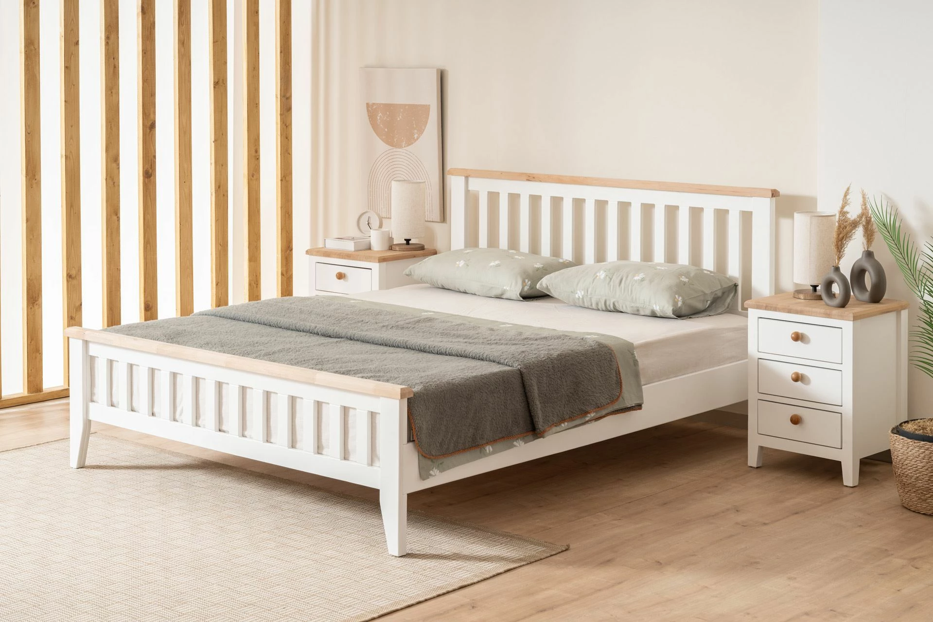 Krevat dopio Skye Decor, stil modern country, 160x200, ngjyrë e bardhë dhe lis