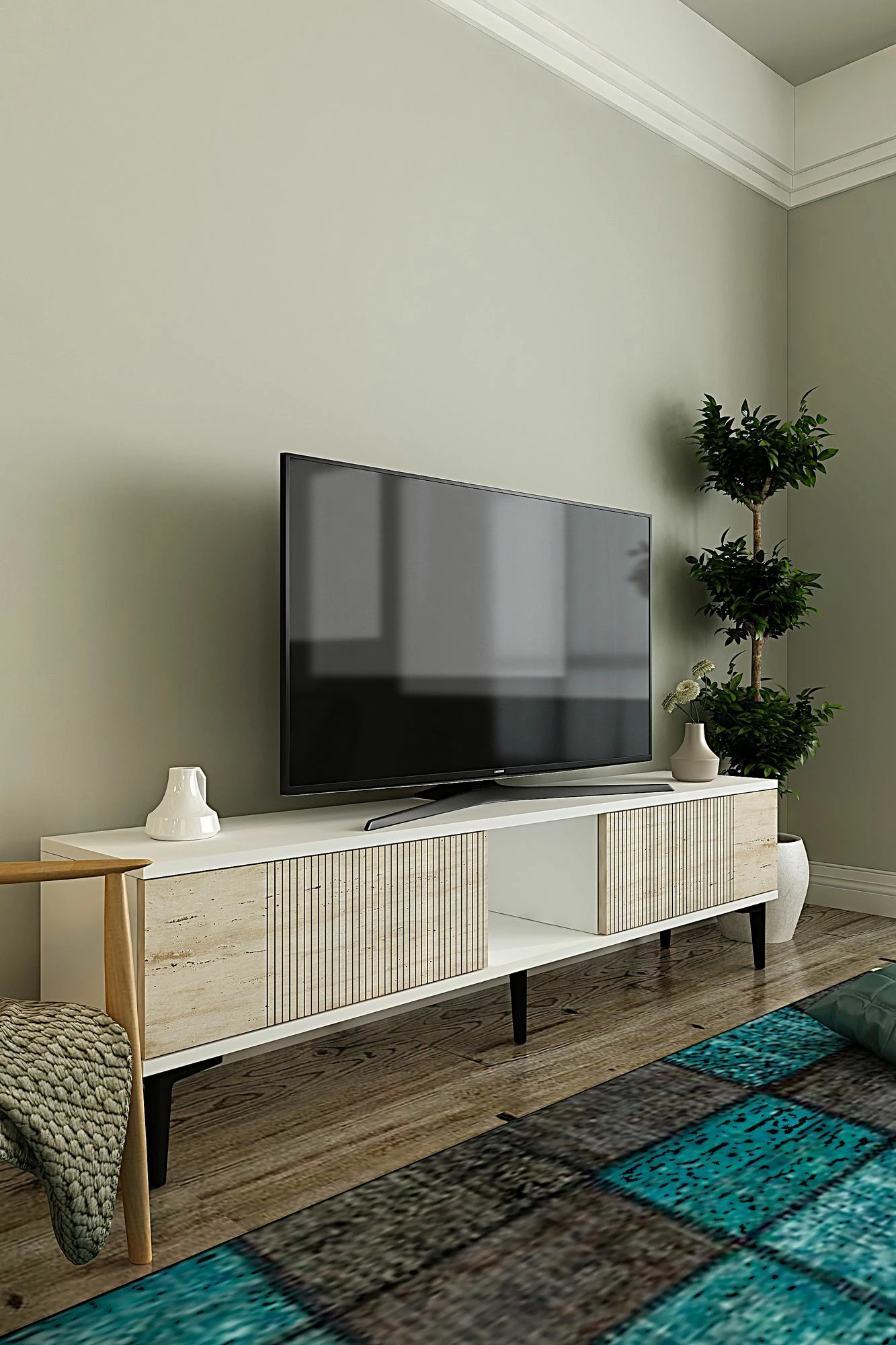 Komodë TV Skye Decor, Corsa 150, e bardhë, travertin