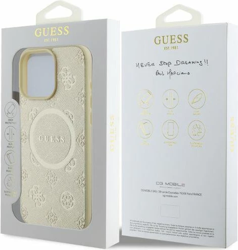 Mbështjellës Guess Saffiano Peony Classic Logo MagSafe për iPhone 16 Pro, ari