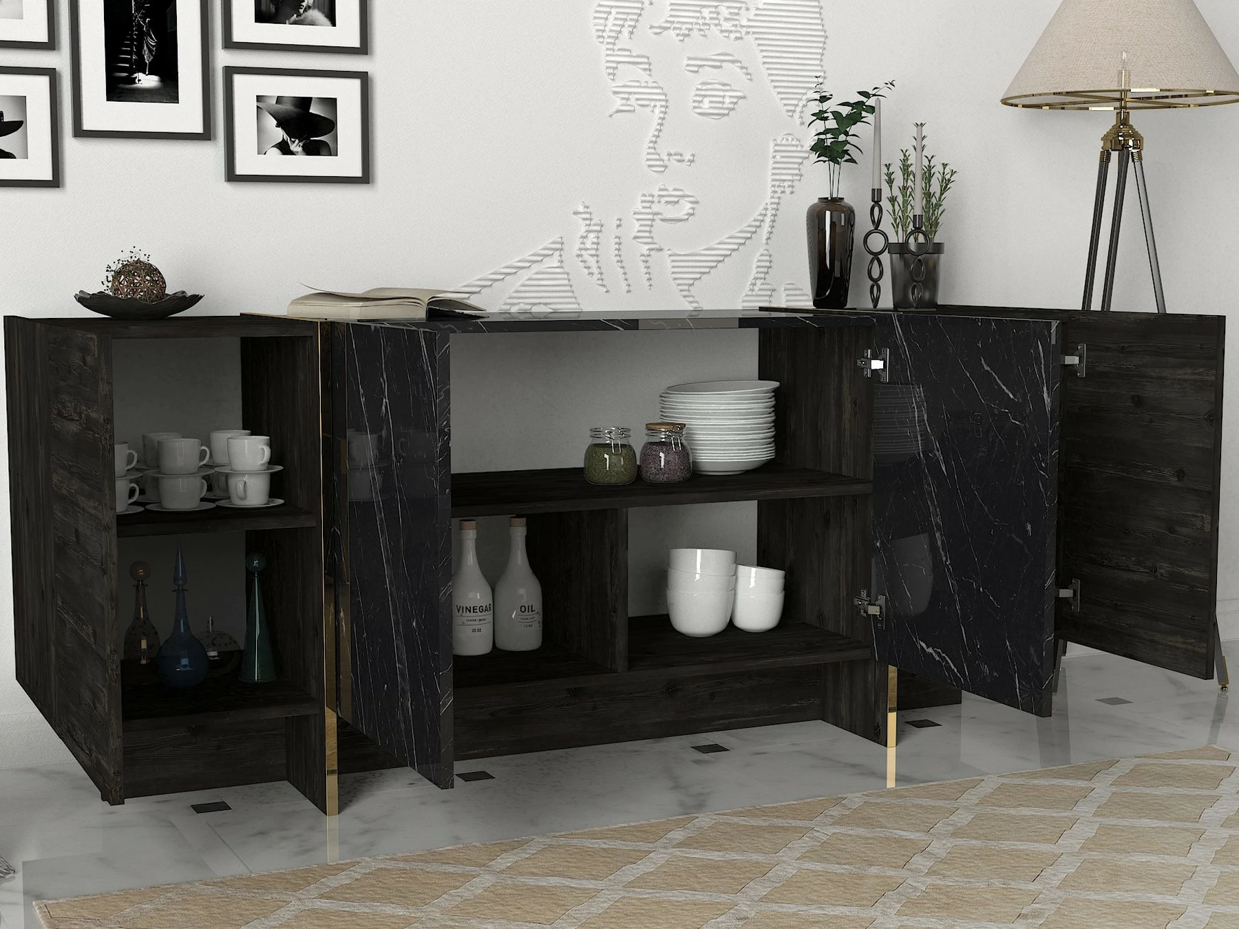 Konsolë moderne, ngjyrë e zezë dhe ari, Skye Decor, Veyron