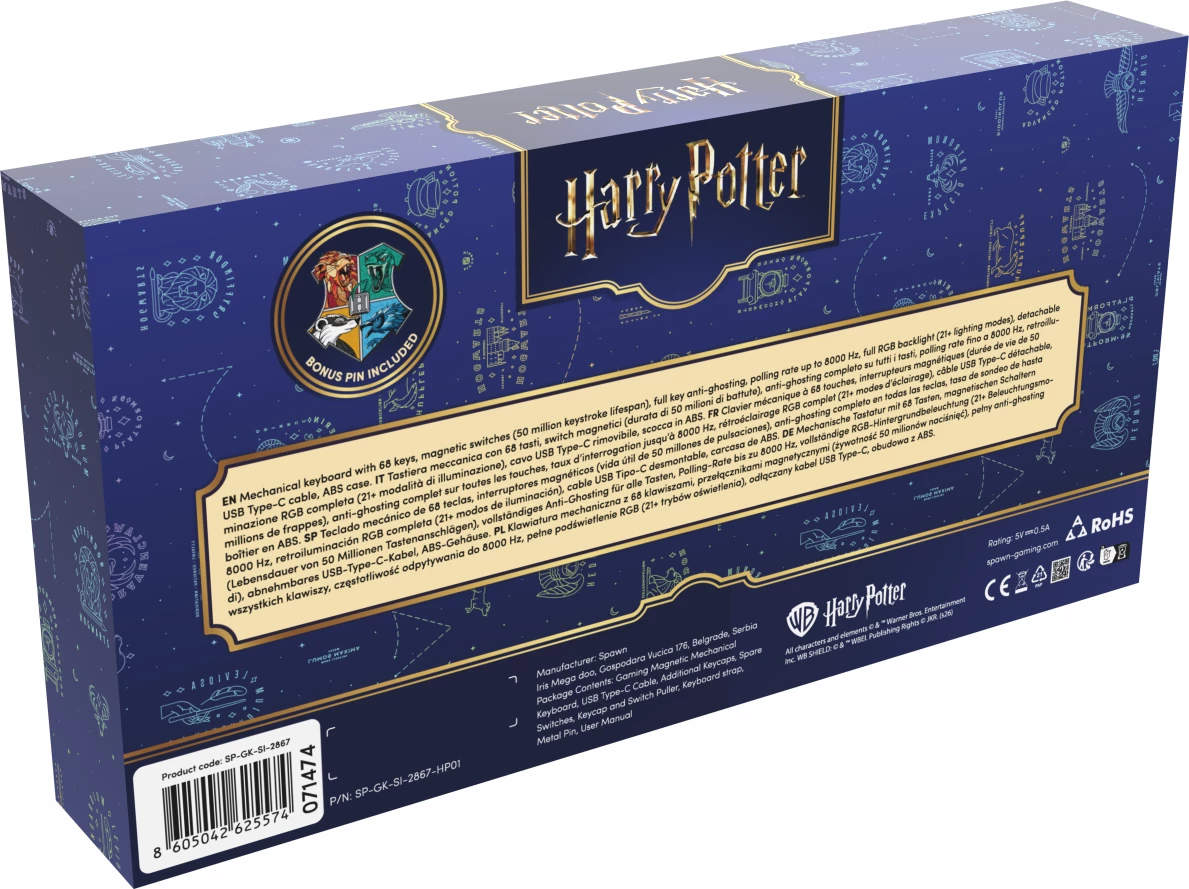 Tastierë mekanike gaming Spawn Harry Potter Magnetic, 68 tasta, RGB, USB-C