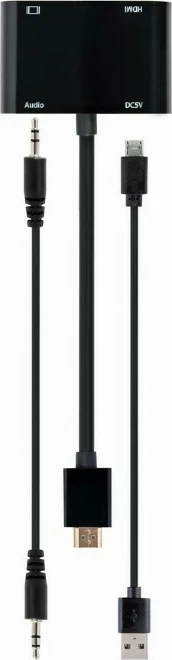 Adapter Gembird A-HDMIM-HDMIFVGAF-01, HDMI mashkull në HDMI femër + VGA femër, me audio dhe port energjie, 15 cm, Zi