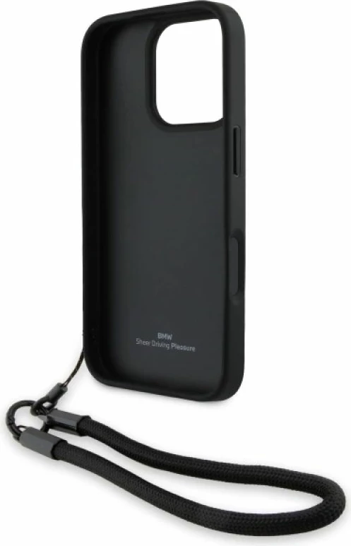 Kuti telefoni BMW Signature Leather Wordmark Cord për iPhone 16 Pro, e zezë
