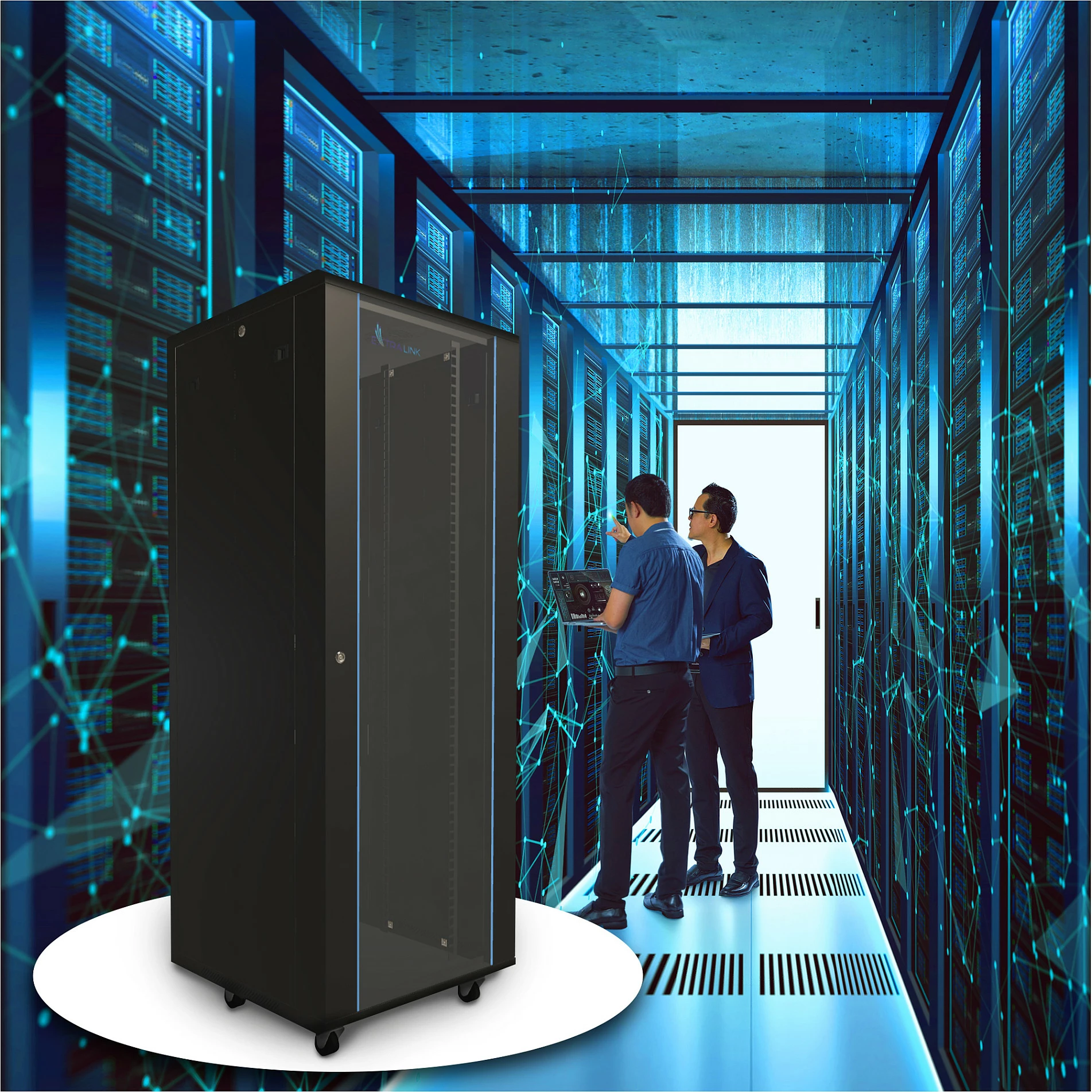 Kabinet rack Extralink 42U 800x800, 19", me derë xhami, me rrota, i zi