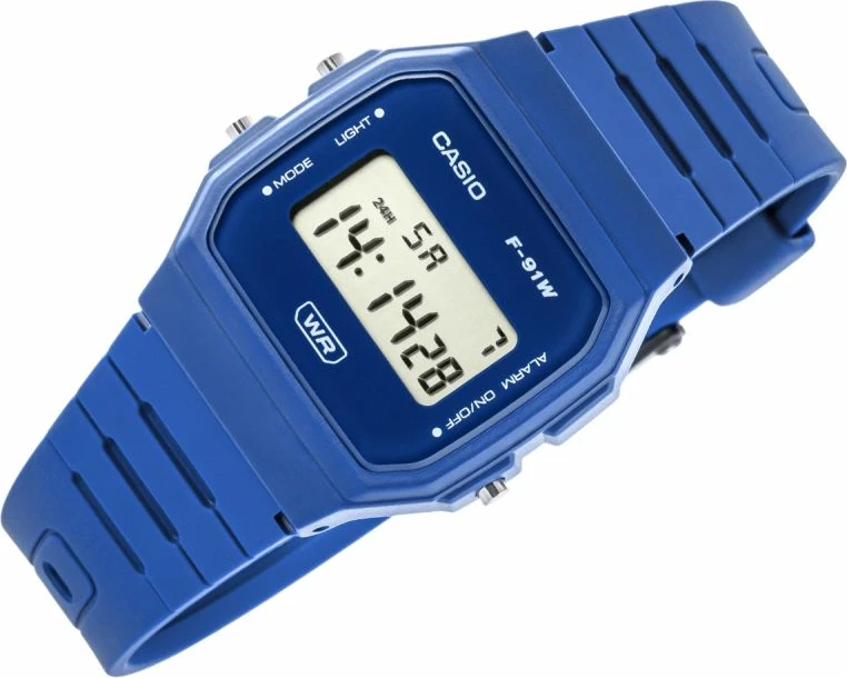 Orë dore unisex Casio F-91WB-2A1EF, blu, me kuti