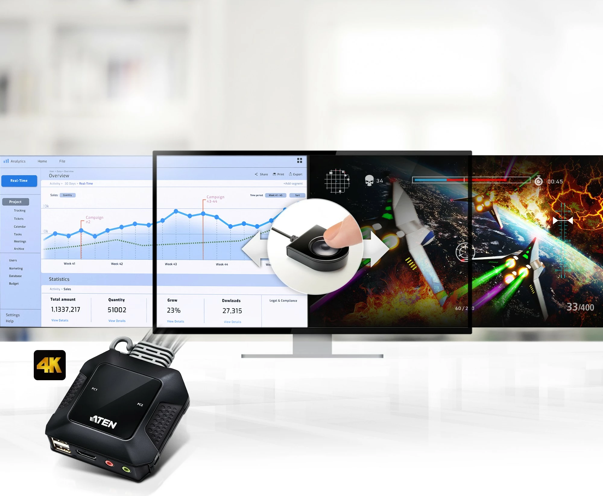 KVM switch ATEN CS22H, 2 porta, USB, HDMI 4K, e zezë