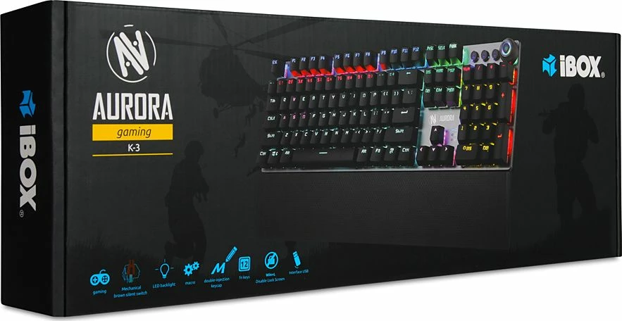 Tastierë mekanike iBOX Aurora K-3, RGB LED, KRGD Brown Switch, USB me kabllo, full-size 100%, me mbështetëse dore magnetike, argjend