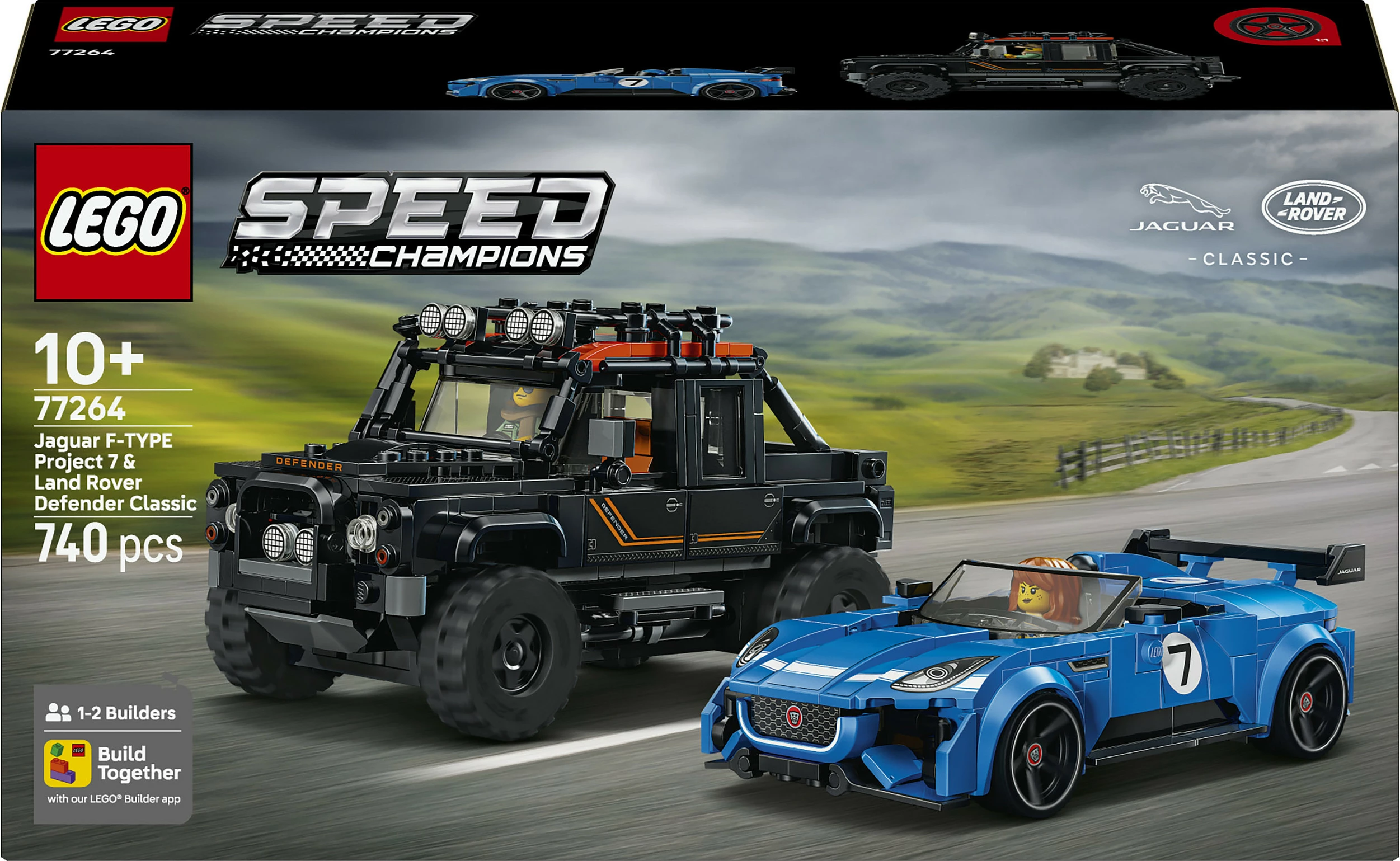 Set ndërtimi LEGO Speed Champions 77264 Jaguar F-Type Project 7 & Land Rover Classic Defender, 740 copë, 10+, blu/zi