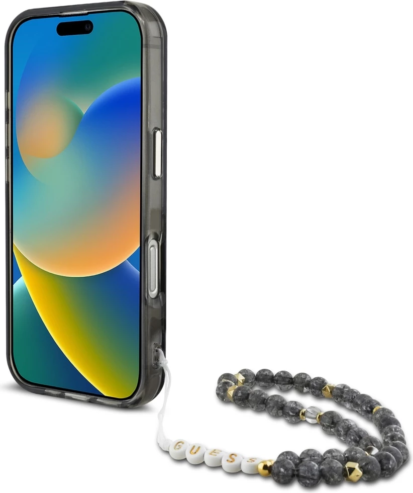 Mbështjellës, Guess, Palm Trees Triangle Pearl Strap MagSafe, për iPhone 16 Pro 6.3", magnet MagSafe, TPU/PC, me rrip me rruaza, zi