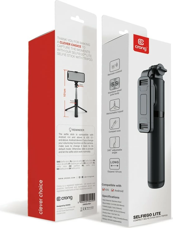Selfie stick tripod CRONG SelfieGo Lite me Bluetooth, 101cm, i zi